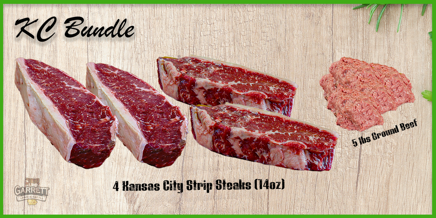 The Kansas City Strip Bundle + 5 lbs of Ground Beef (**Free Local Delivery)