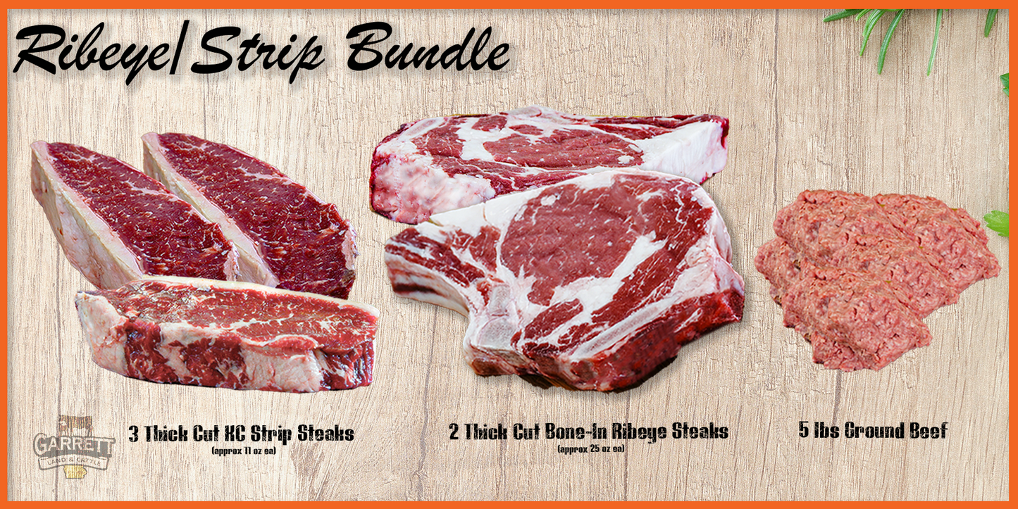 Ribeye/KC Strip Bundle + 5 lbs of Ground Beef (**Free Local Delivery)